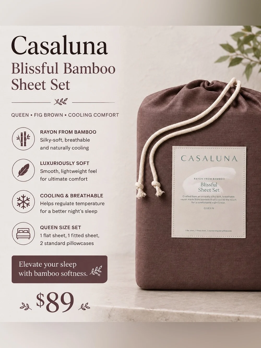 Casaluna Blissful Rayon from Bamboo Sheet Set Queen Fig Brown NWT